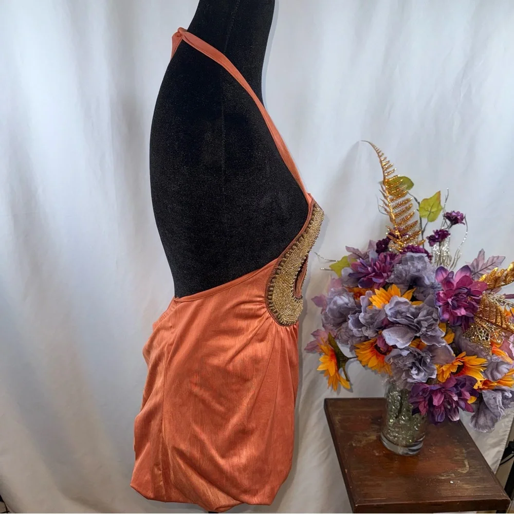 Studio Y Rust Beaded Halter Top Gold Embellished Boho Festival - Picture 5 of 10